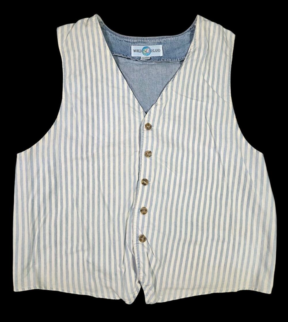 Vintage World Island Striped Vest Lightweight White Blue USA Casual Women XL